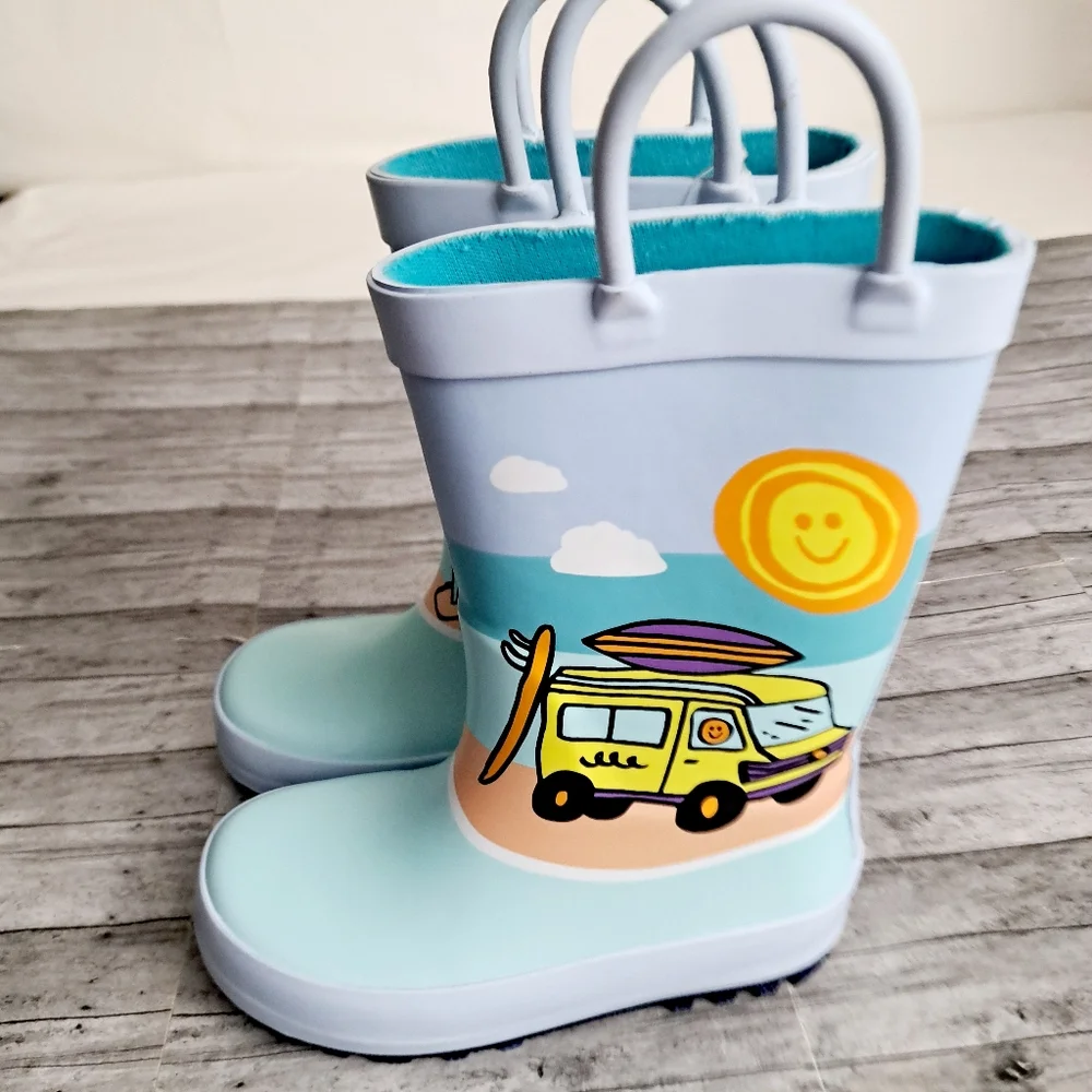 Cat & Jack Boy's Evan Blue Toddler Beach Scene Rubber Slip-on Rain Boots Sz 7